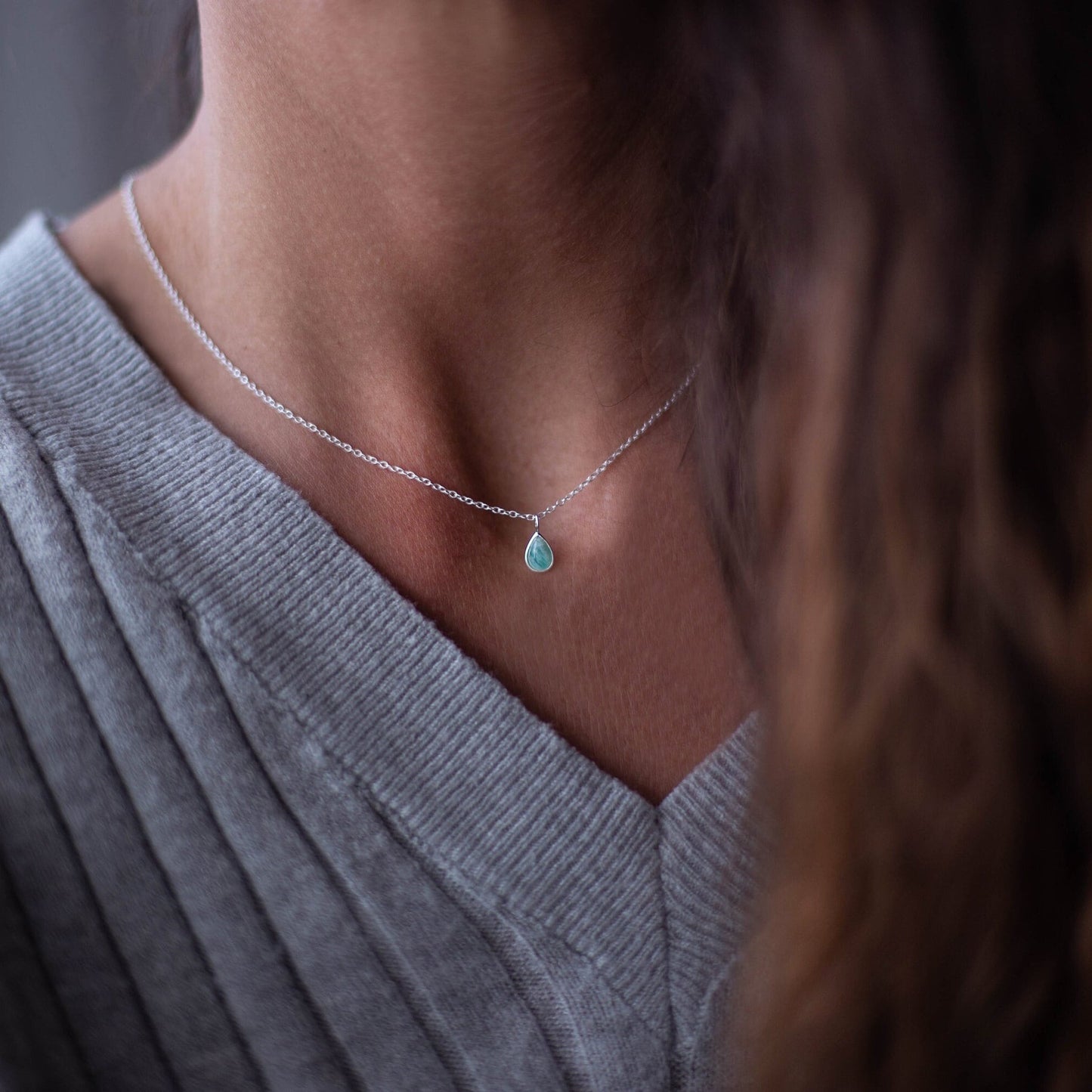 Green amazonite natural stone necklace - Natural stone teardrop pendant - Silver choker - Blue stone necklace - semi precious choker