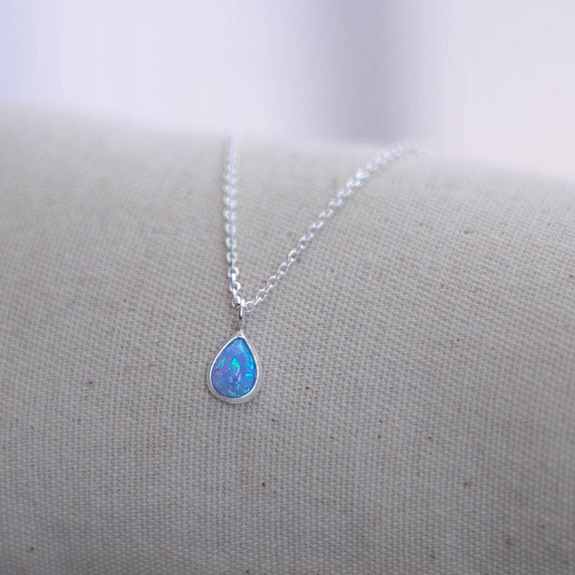 Blue Opal Drop Pendant Necklace in 925 Silver - Lab Opal Pendant - Teardrop Silver Necklace - Silver Chain - Sterling silver tiny pendant