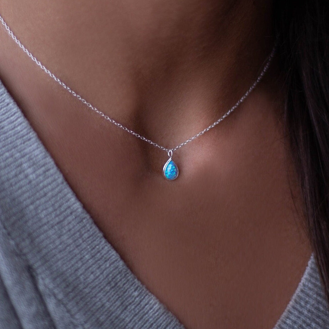 Blue Opal Drop Pendant Necklace in 925 Silver - Lab Opal Pendant - Teardrop Silver Necklace - Silver Chain - Sterling silver tiny pendant