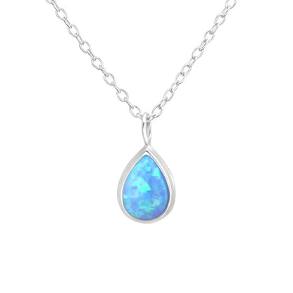 Blue Opal Drop Pendant Necklace in 925 Silver - Lab Opal Pendant - Teardrop Silver Necklace - Silver Chain - Sterling silver tiny pendant