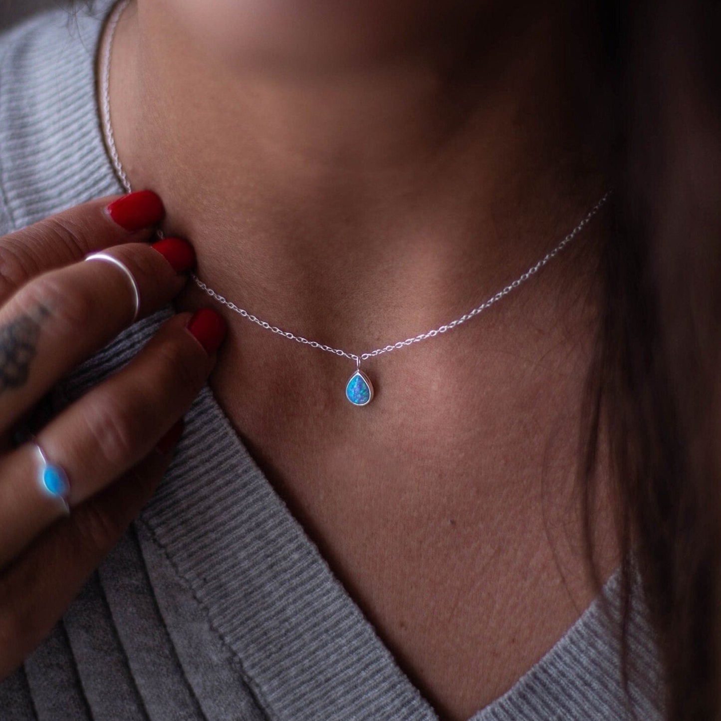 Blue Opal Drop Pendant Necklace in 925 Silver - Lab Opal Pendant - Teardrop Silver Necklace - Silver Chain - Sterling silver tiny pendant