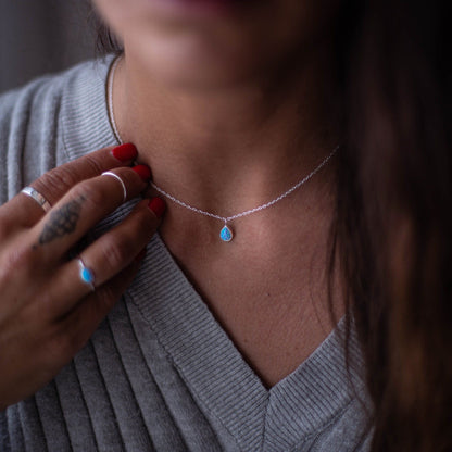 Blue Opal Drop Pendant Necklace in 925 Silver - Lab Opal Pendant - Teardrop Silver Necklace - Silver Chain - Sterling silver tiny pendant