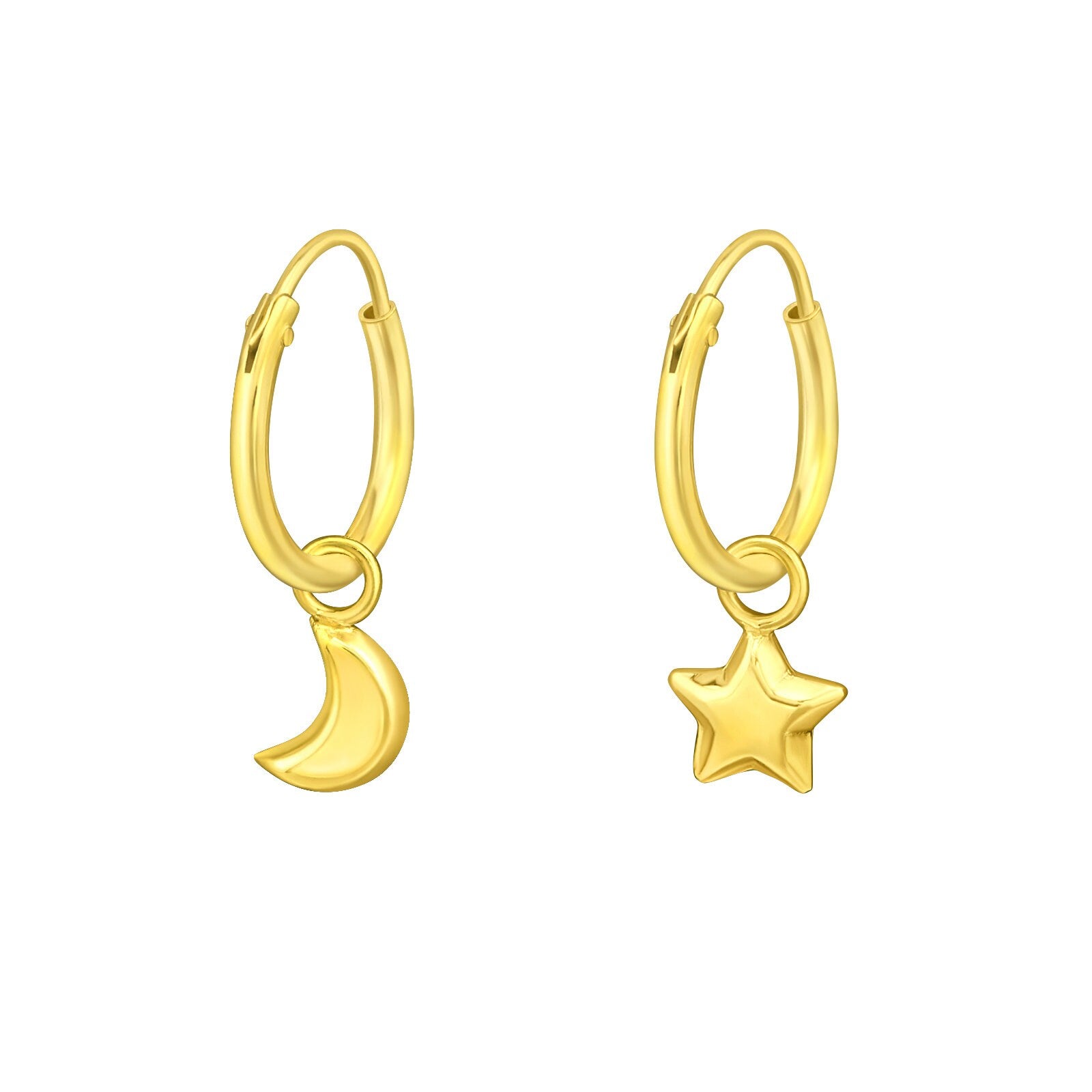 Gold plated Silver earrings - Golden ear hoops - Shiny small hoop - Bohemian jewelry - Gold crystal hoop - Star and moon ear hoops 