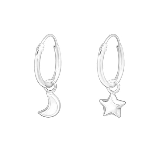 Gold plated Silver earrings - Golden ear hoops - Shiny small hoop - Bohemian jewelry - Gold crystal hoop - Star and moon ear hoops 