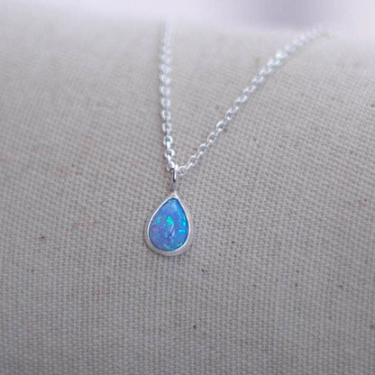 Blue Opal Drop Pendant Necklace in 925 Silver - Lab Opal Pendant - Teardrop Silver Necklace - Silver Chain - Sterling silver tiny pendant