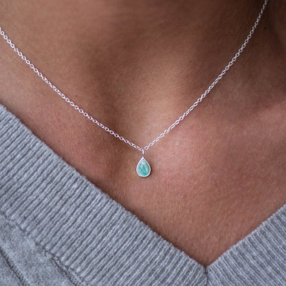 Green amazonite natural stone necklace - Natural stone teardrop pendant - Silver choker - Blue stone necklace - semi precious choker 