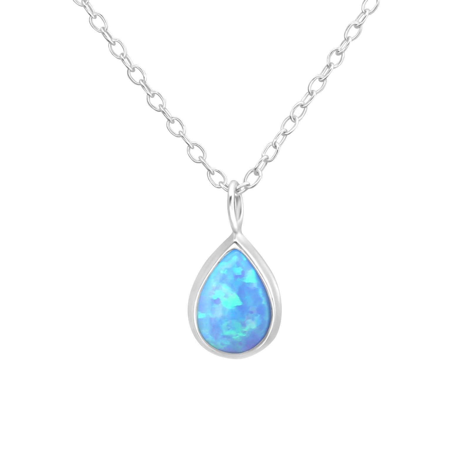 Blue Opal Drop Pendant Necklace in 925 Silver - Lab Opal Pendant - Teardrop Silver Necklace - Silver Chain - Sterling silver tiny pendant