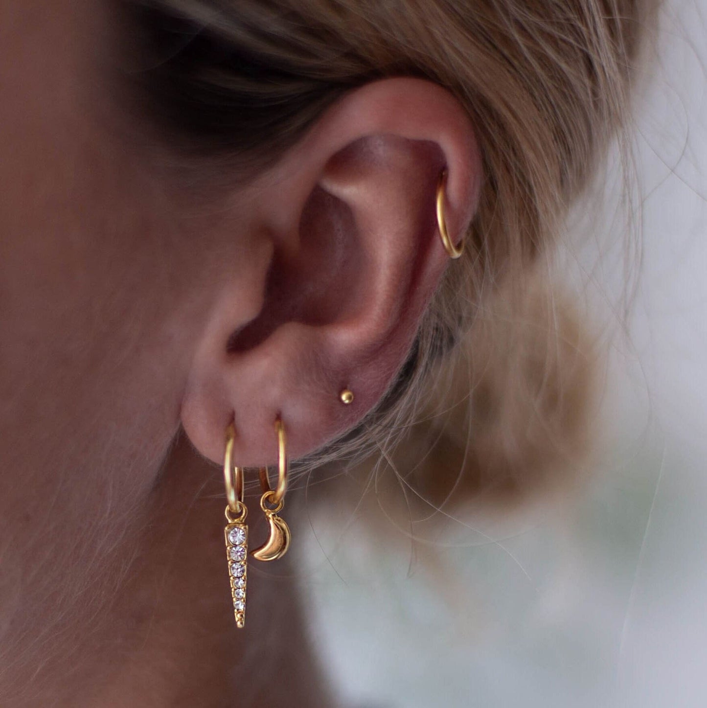 Gold plated Silver earrings - Golden ear hoops - Shiny small hoop - Bohemian jewelry - Gold crystal hoop - Star and moon ear hoops 